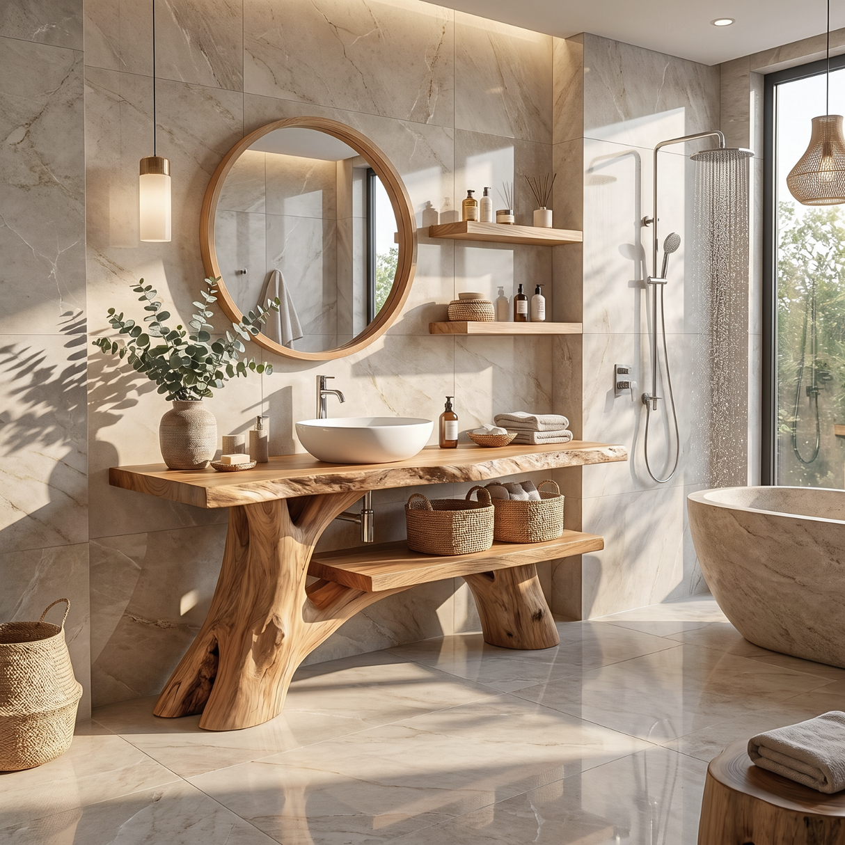 Bathroom Vanity Solid Wood with Organic Branch Legs and Open Shelf