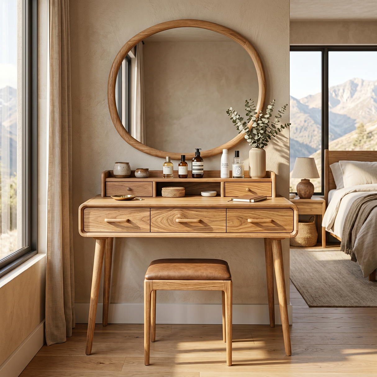 Solid Wood Makeup Vanity Table with Tiered Organizer Hutch and Three Storage Drawers