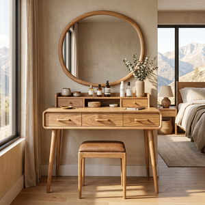Solid Wood Makeup Vanity Table with Tiered Organizer Hutch and Three Storage Drawers