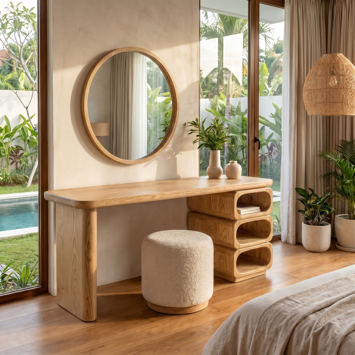 Solid Wood Vanity Table with Rounded Open Shelf Storage and Panel Leg