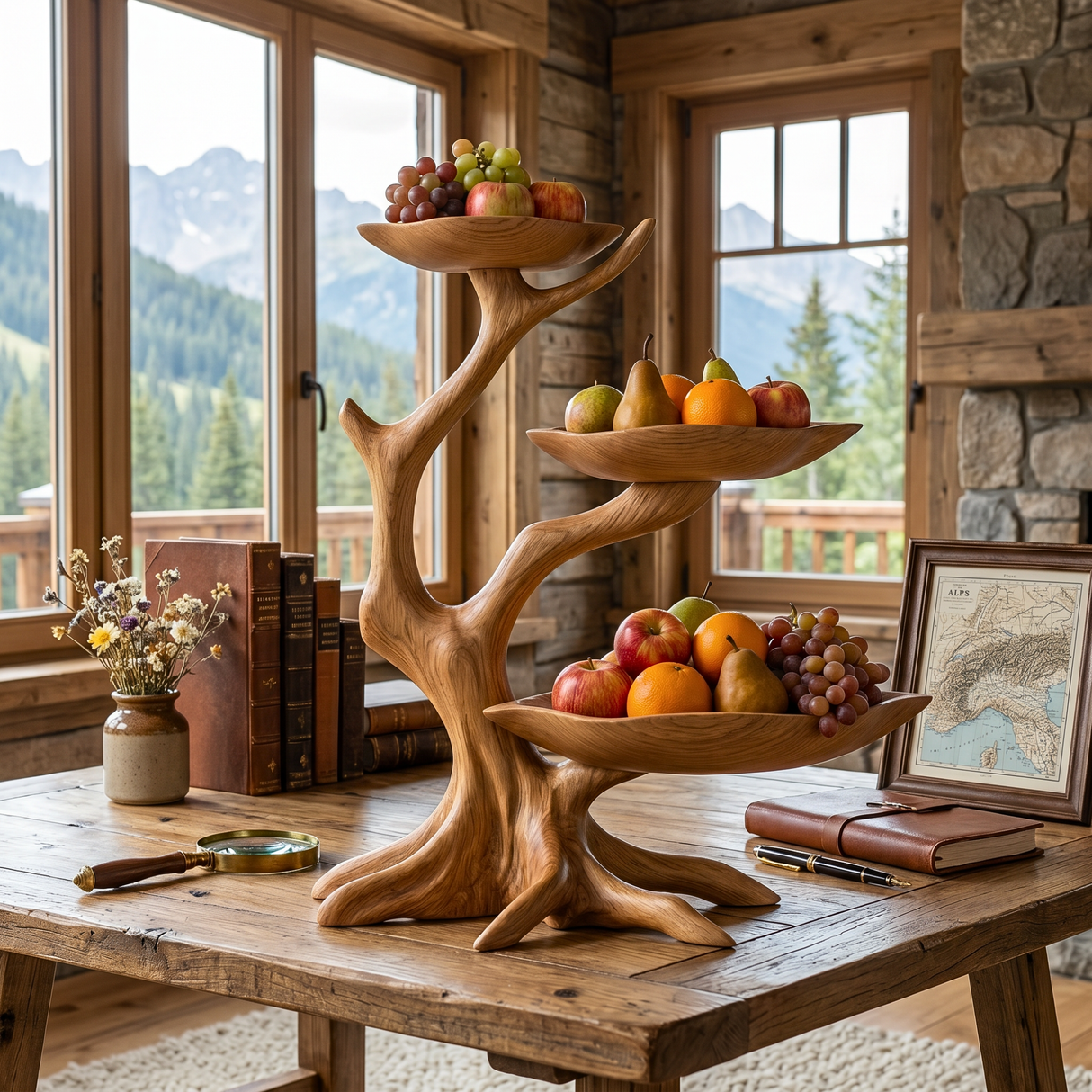 Three-Tier Sculptural Solid Wood Fruit Bowl with Organic Tree Branch Stand