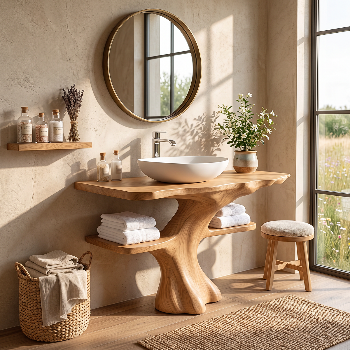 Solid Wood Bathroom Vanity with Sculptural Tree Base and Open Shelves