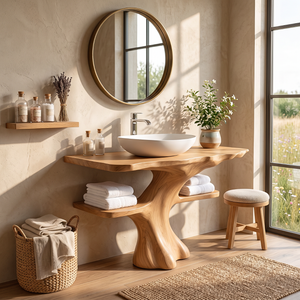 Solid Wood Bathroom Vanity with Sculptural Tree Base and Open Shelves