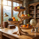 Solid Wood Four-Tier Fruit Display Stand with Sculptural Branch Base and Curved Bowl Trays