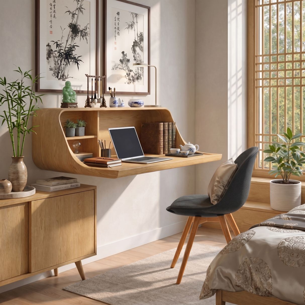 Modern Floating Desk with Integrated Shelf Storage