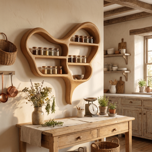 Organic Solid Wood Wall Spice Rack with Sculptural Open Shelf Design