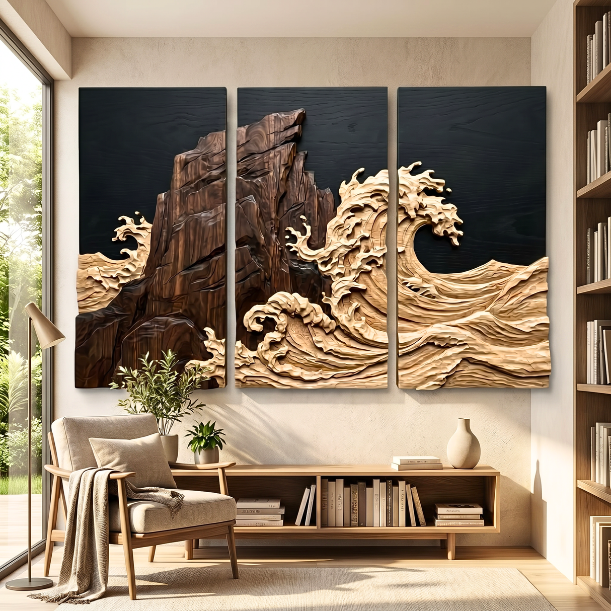 Three-Panel Carved Wood Wall Sculpture with Crashing Wave and Cliffside Relief
