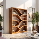 Sculptural Solid Wood Wine Display Cabinet with Flowing Bottle Shelves