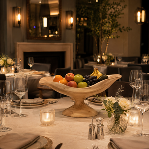 Handcrafted Solid Wood Fruit Bowl with Sculptural Pedestal Base and Organic Wavy Rim