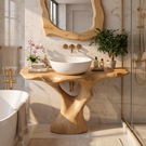 Bathroom Vanity Solid Wood with Sculptural Branching Pedestal for Modern Bathroom