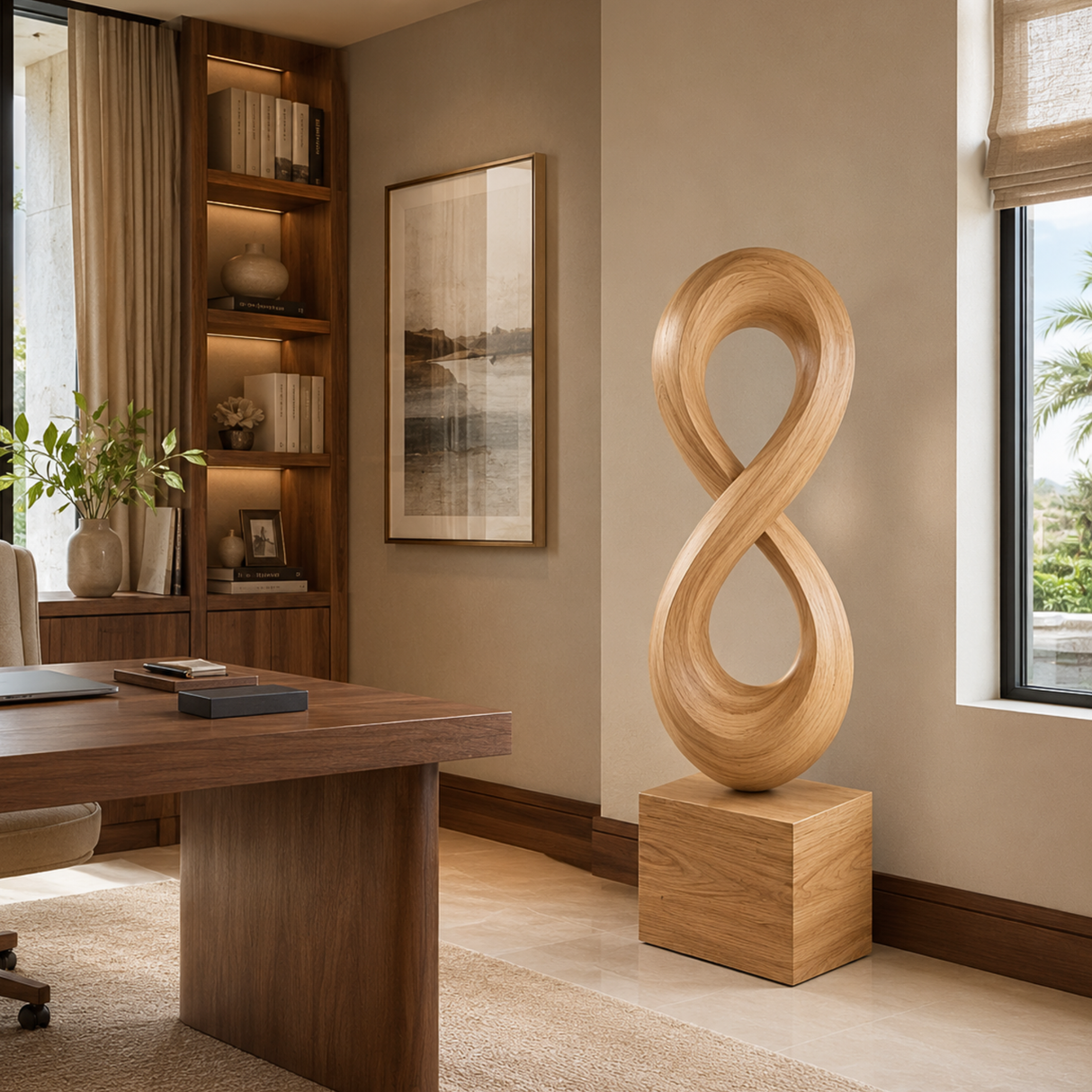 Handcrafted Solid Wood Infinity Loop Sculpture for Modern Entryway Decor