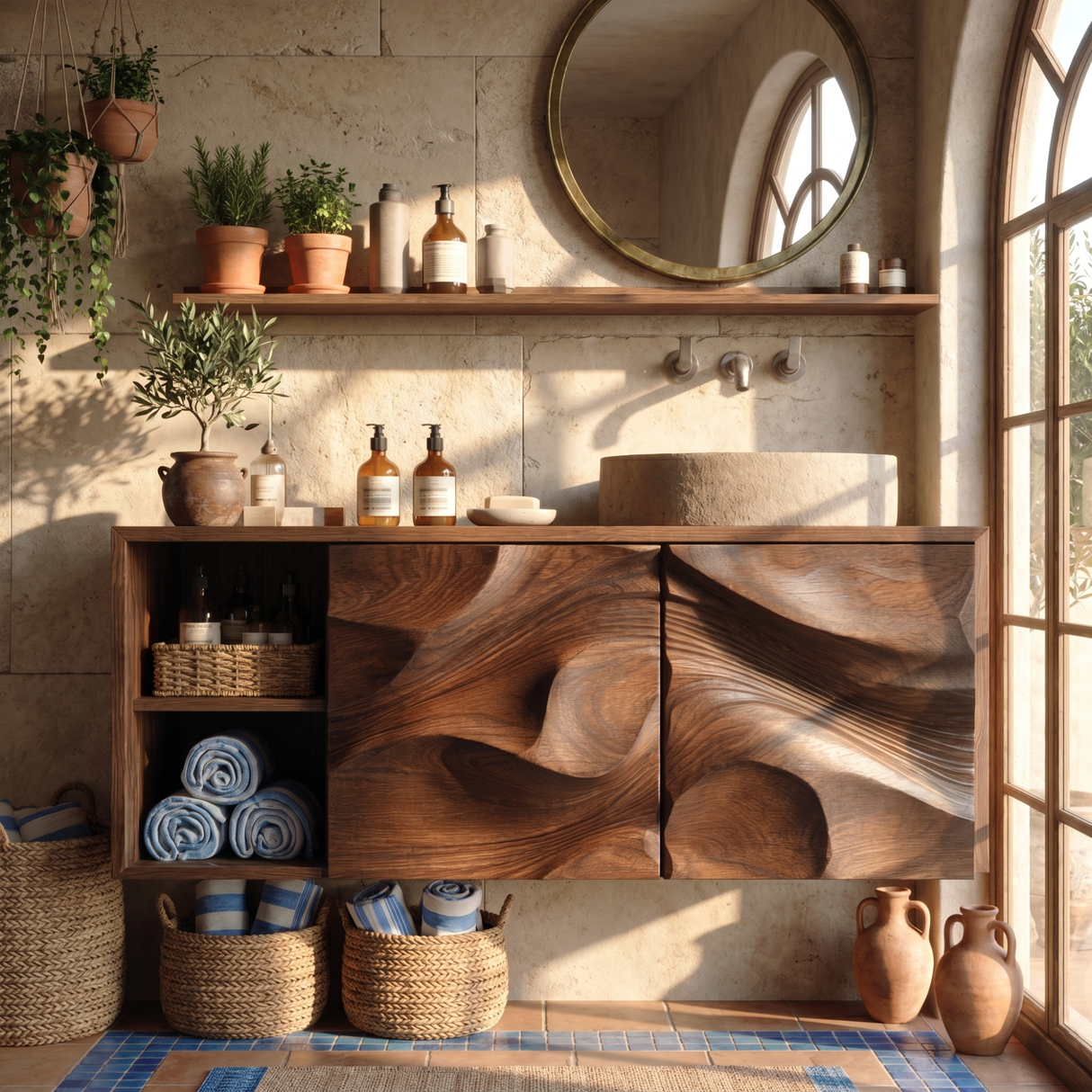 Abstract Carved Wood Bathroom Vanity Cabinet with Organic Relief Front