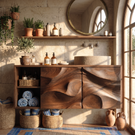 Abstract Carved Wood Bathroom Vanity Cabinet with Organic Relief Front