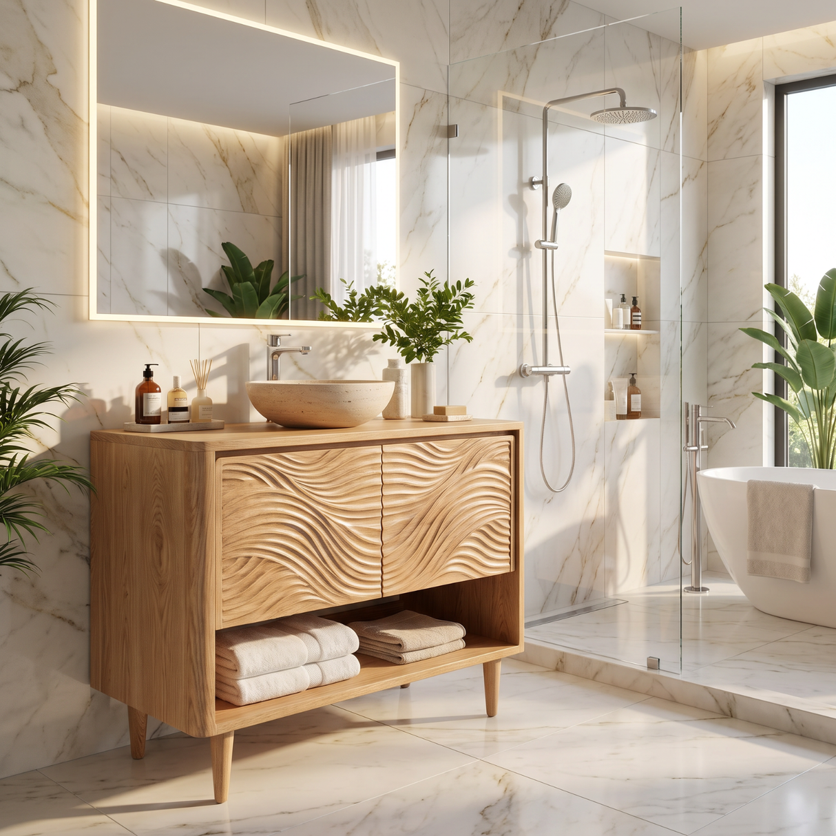Bathroom Vanity Solid Wood with Carved Ripple Cabinet and Open Shelf for Powder Room