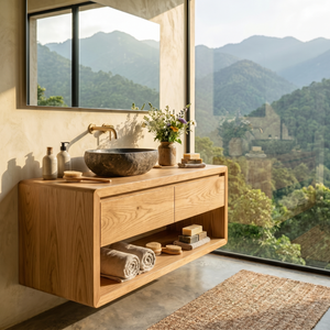 Minimalist Floating Solid Wood Bathroom Vanity with Seamless Organic Frame