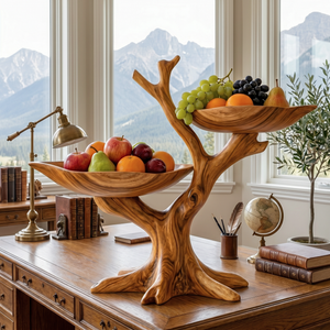 Handcrafted Branch-Form Solid Wood Fruit Bowl with Dual Raised Serving Trays