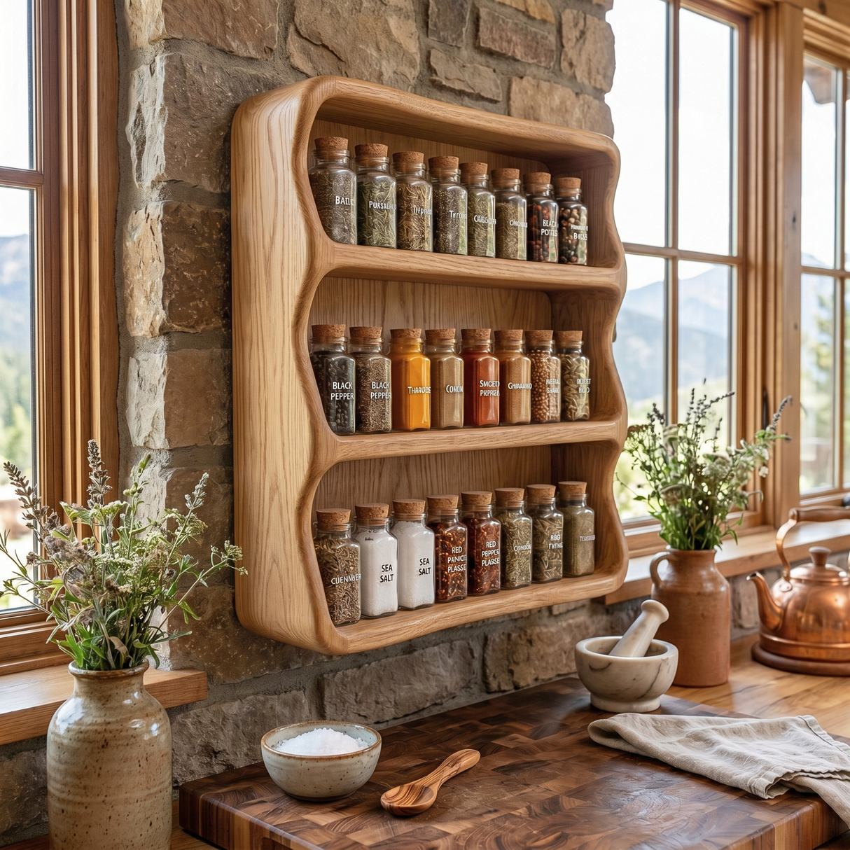 Handmade Solid Wood Kitchen Spice Rack with Rounded Box Frame and Triple Shelf Storage
