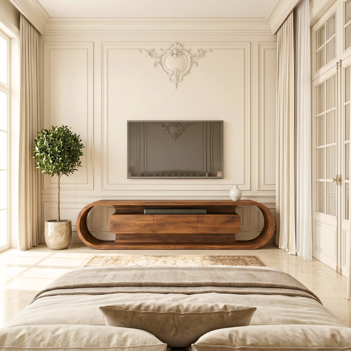 Organic Solid Wood TV Stand with Oval Loop Frame and Storage Drawers