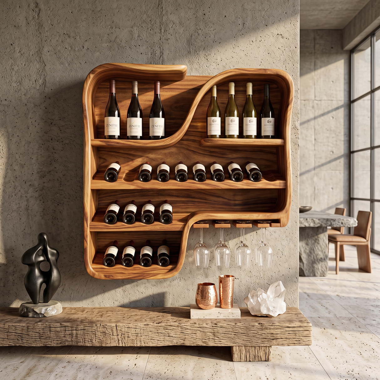 Wall Mounted Wine Rack Solid Wood with Curved Bottle Shelves for Home Bar