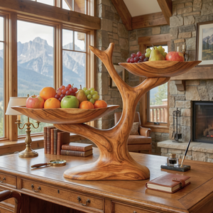 Handcrafted Two-Tier Solid Wood Fruit Bowl with Sculptural Tree Branch Stand