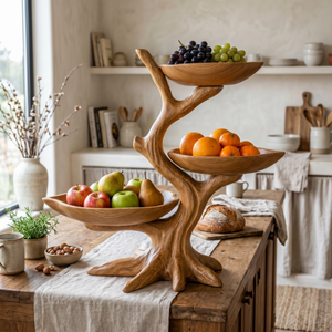 Solid Wood Three Tier Fruit Bowl Stand with Sculptural Branch Design