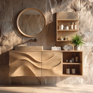 Sculptural Solid Wood Bathroom Vanity Cabinet with Carved Wave Front