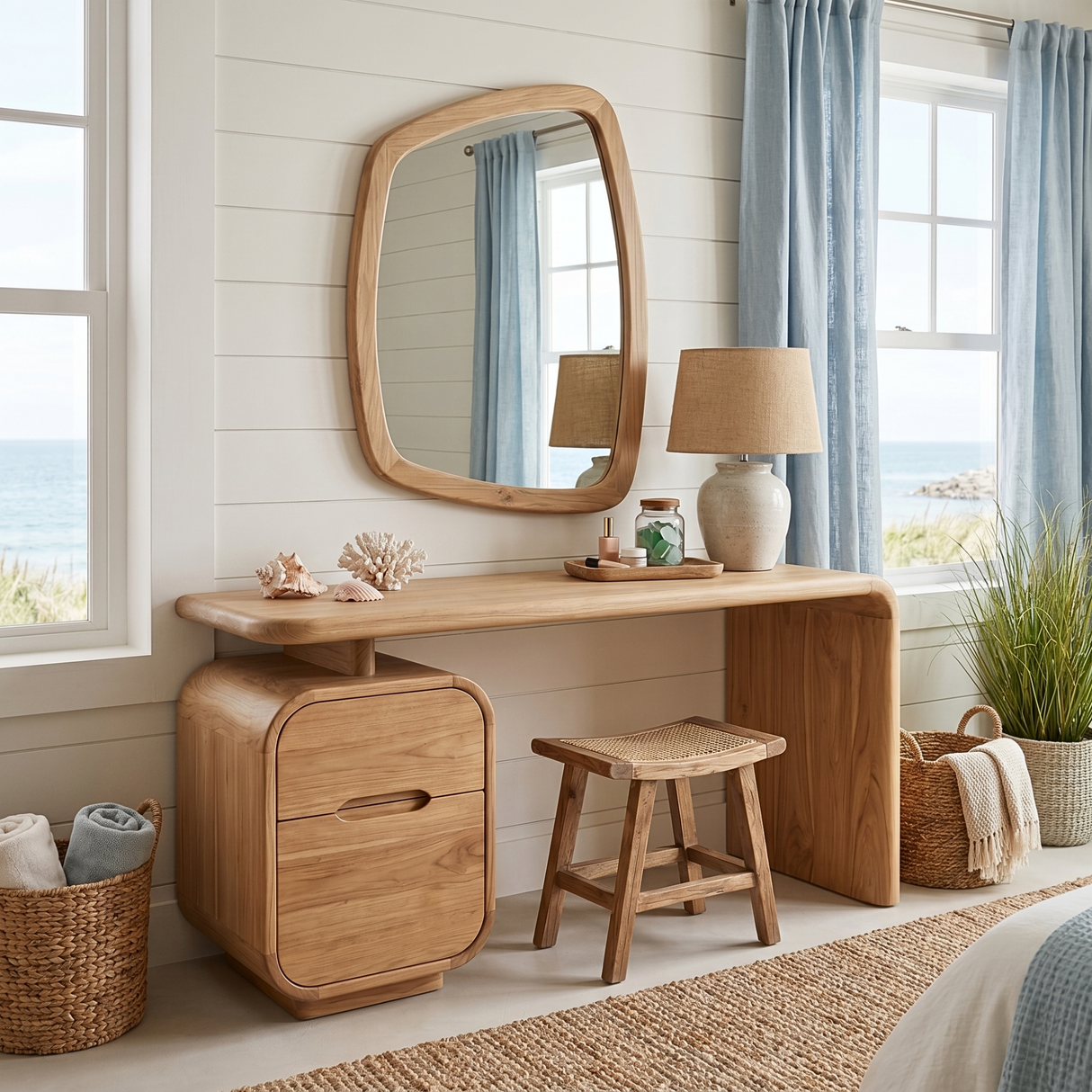 Solid Wood Makeup Vanity Desk with Rounded Storage Cabinet and Waterfall Leg