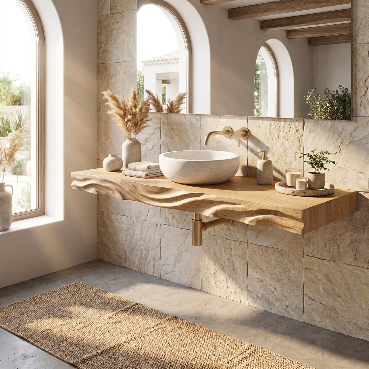 Live Edge Floating Wood Bathroom Vanity Shelf with Organic Grain Detail