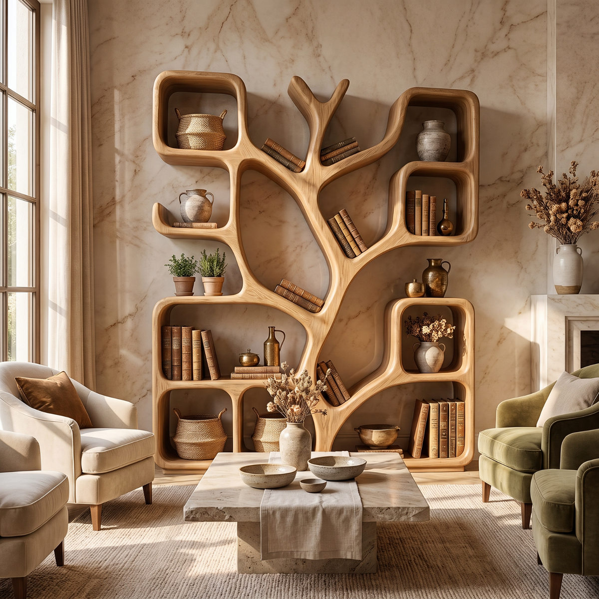 Handcrafted Solid Wood Tree Bookshelf with Organic Open Display Shelves