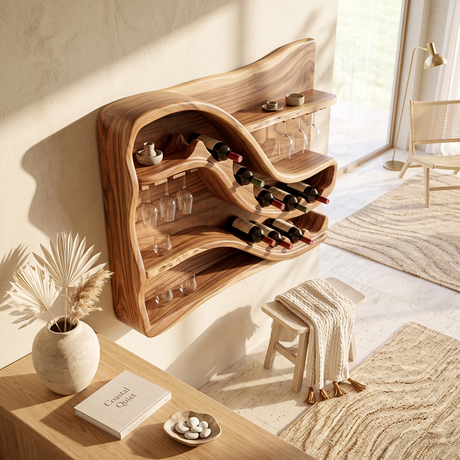 Wall Mounted Wine Rack Solid Wood with Sculptural Wave Shelves