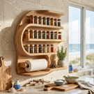 Sculptural Solid Wood Wall Spice Rack with Paper Towel Holder