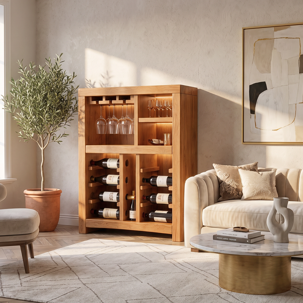 Solid Wood Wine Cabinet with Bottle Racks and Stemware Storage for Home Bar
