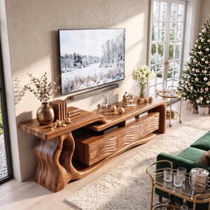 TV Stand with Sculptural Tree Root Frame and Wave Carved Cabinet Doors