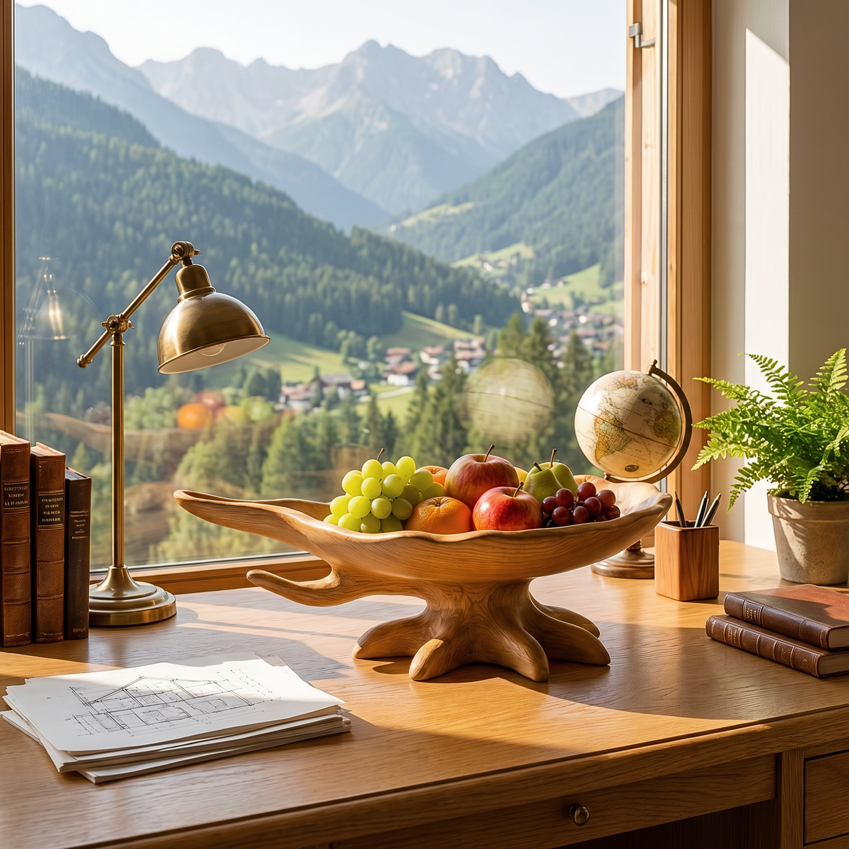 Sculptural Solid Wood Fruit Bowl with Organic Root Base and Flowing Rim