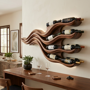 Wall-Mounted Solid Wood Wine Rack with Flowing Wave Shelves