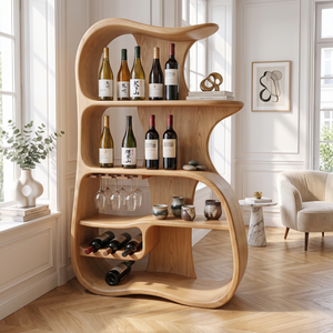 Wine Cabinet Solid Wood Organic Open Shelf Design for Dining Room