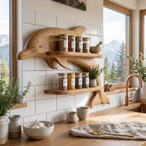 Solid Wood Dolphin Spice Rack with Double Shelf Wall Storage for Kitchen