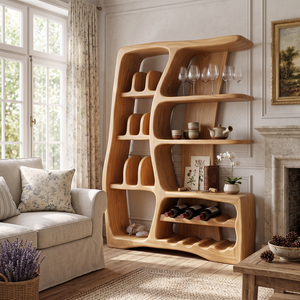 Solid Wood Wine Cabinet with Sculptural Open Shelves and Bottle Rack