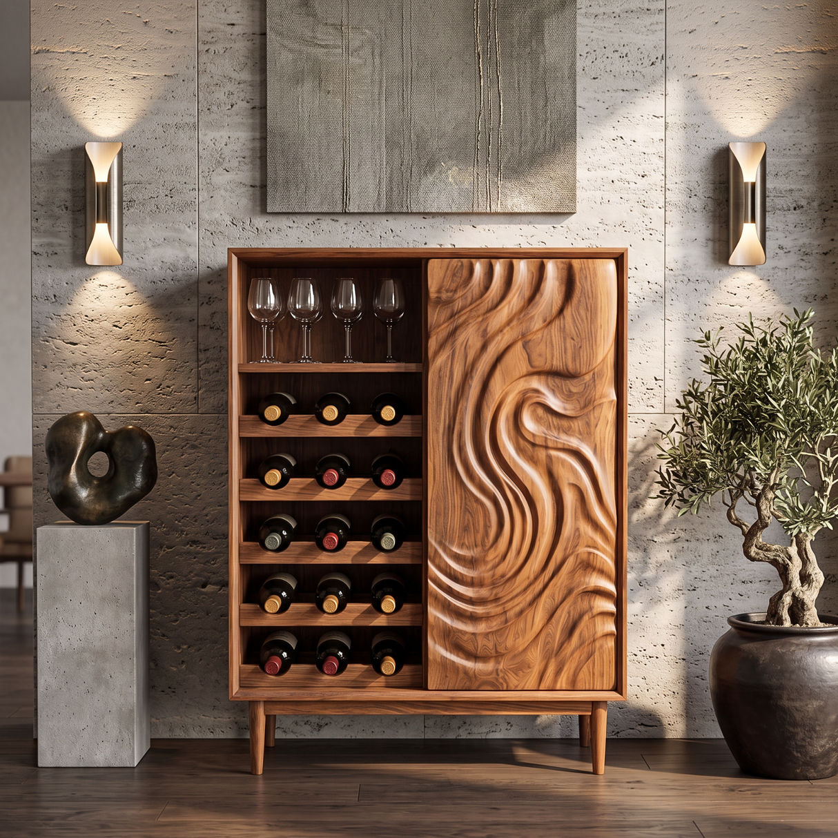 Wine Cabinet Solid Wood with Carved Wave Door and Bottle Storage for Home Bar