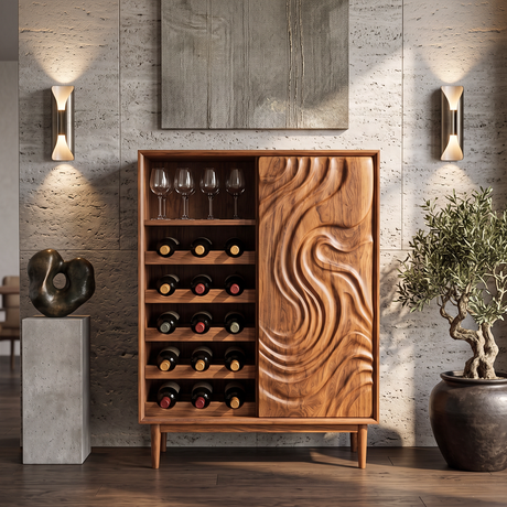 Wine Cabinet Solid Wood with Carved Wave Door and Bottle Storage for Home Bar