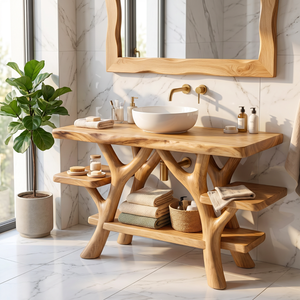 Bathroom Vanity Solid Wood with Branch Frame Shelves for Spa Bathroom Storage