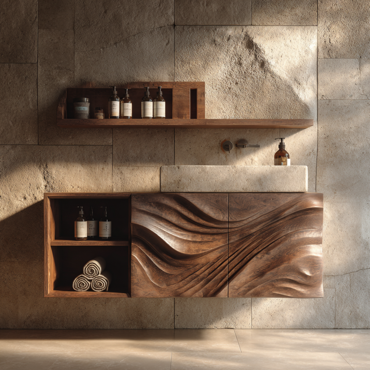 Flow Carved Solid Wood Floating Vanity Cabinet with Organic Wave Texture