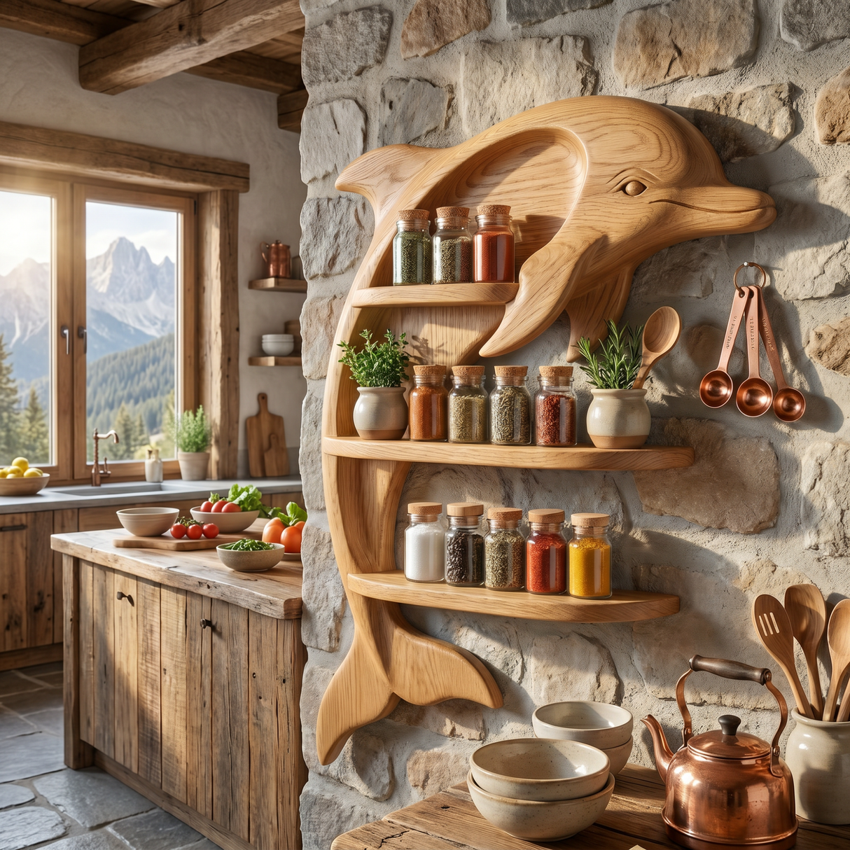 Handcrafted Dolphin Spice Rack with Three-Tier Solid Wood Wall Shelf Design