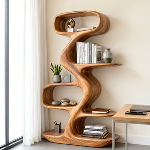 Organic Solid Wood Display Shelf with Flowing S-Shaped Frame