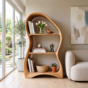 Organic Solid Wood Bookshelf with Sculptural Curved Frame