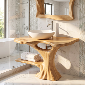 Bathroom Vanity Solid Wood with Organic Trunk Pedestal and Side Shelf for Powder Room