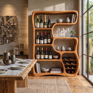 Wine Cabinet Solid Wood with Organic Open Shelves for Living Room Display