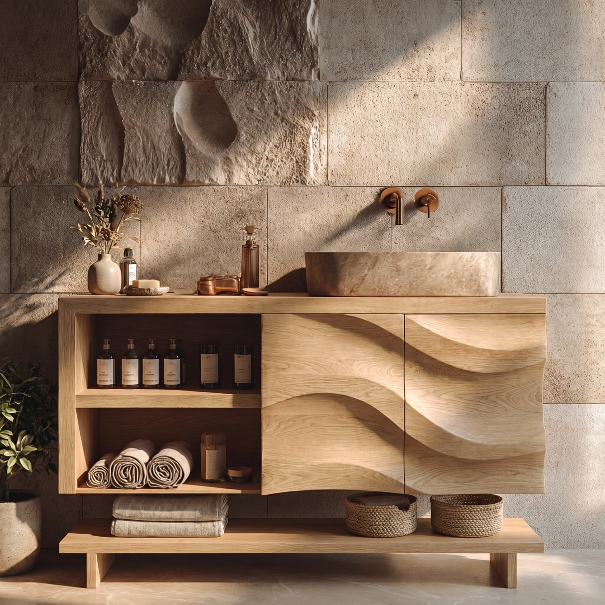 Sculptural Solid Wood Bathroom Vanity Cabinet with Flowing Carved Front