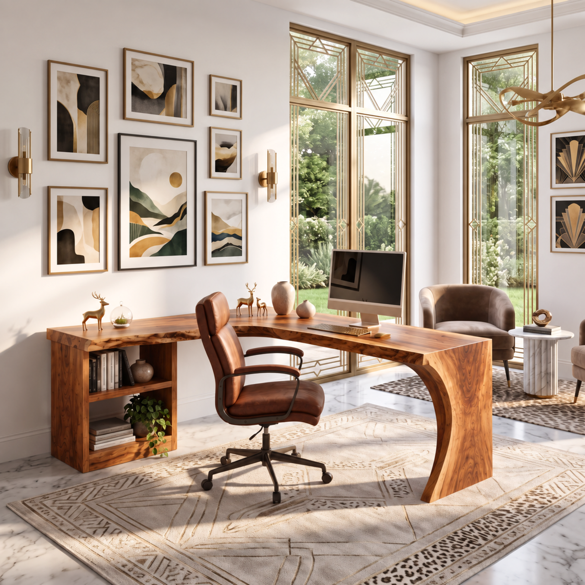 Organic L-Shaped Solid Wood Desk With Open Shelf For Home Office