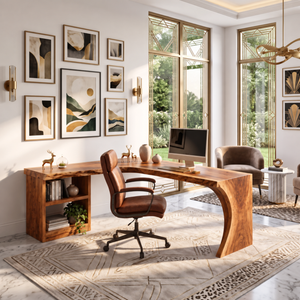 Organic L-Shaped Solid Wood Desk With Open Shelf For Home Office